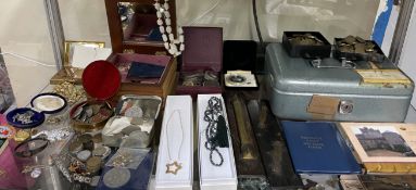 Assorted costume jewellery including watches, necklaces, earrings, pin badges, medallions,