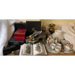 A locomotive model together with train postcards, posters, Japanese part tea set, oil lamp,