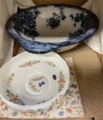 A blue and white pottery water bowl together with an Aynsley bowl