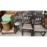 A set of four stained oak dining chairs together with a wheelback chair, wine table,