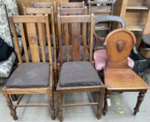 A set of six oak dining chairs together with a Victorian mahogany hall chair and two other chairs