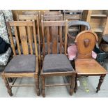 A set of six oak dining chairs together with a Victorian mahogany hall chair and two other chairs