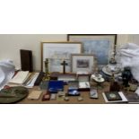 A brass cross, together with brass candlesticks, oil lamp, watches, pens, plates,