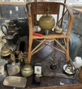 A Child's wicker chair together with electroplated cocktail shaker, rolls razor, brass wares,