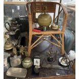 A Child's wicker chair together with electroplated cocktail shaker, rolls razor, brass wares,