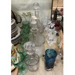 A Whitefriars type vase together with glass decanters, green glass wine glasses,