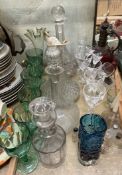 A Whitefriars type vase together with glass decanters, green glass wine glasses,