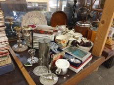 Assorted treen items including pipes, biscuit barrels and music box, decorative pottery plates,