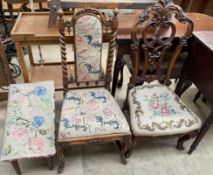 A Victorian walnut nursing chair together with a barley twist adorned nursing chair and a foot