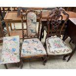 A Victorian walnut nursing chair together with a barley twist adorned nursing chair and a foot