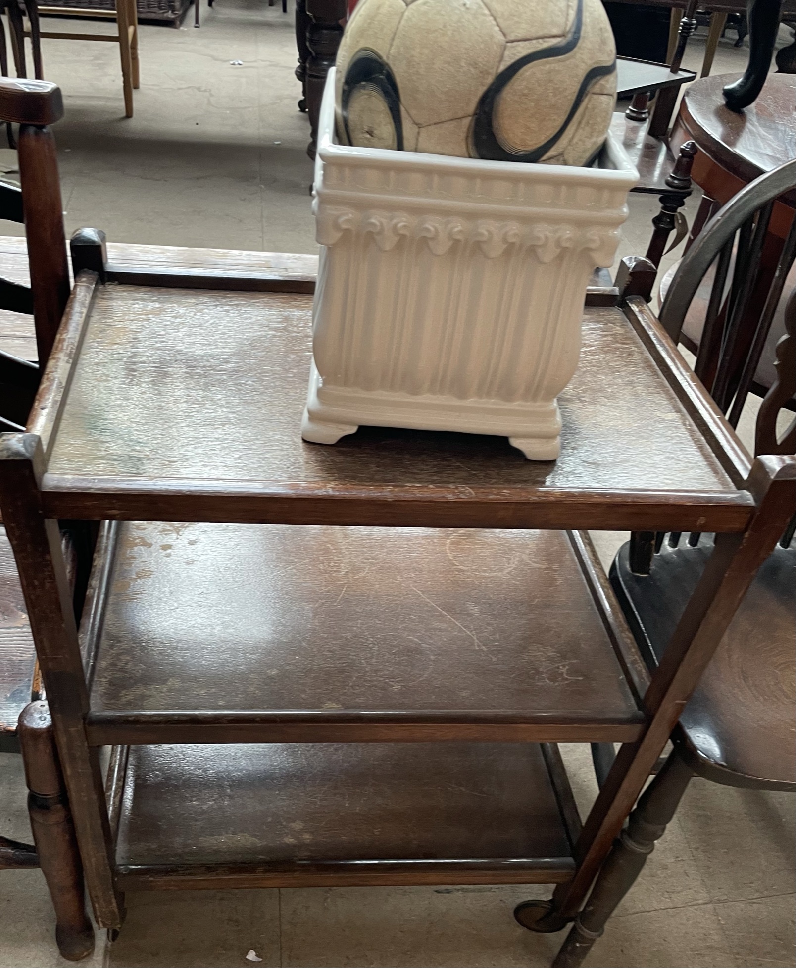 A 20th century oak court cupboard together with a tea trolley, two chairs, - Image 4 of 5