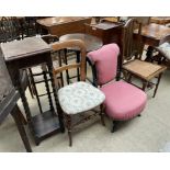 A Victorian ebonised nursing chair together with two bedroom chairs and an oak jardiniere stand