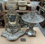 An electroplated and cut glass table centrepiece together with an electroplated dressing table