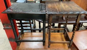 A carved oak occasional table together with a barley twist oak occasional table