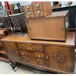 A 20th century oak sideboard together with a sewing box, record cabinet,