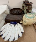 A pair of Ewenny vases, together with a carved box,