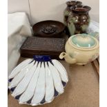 A pair of Ewenny vases, together with a carved box,