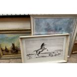 A watercolour of a horse in a landscape together with a collection of pictures and prints