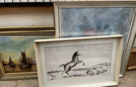 A watercolour of a horse in a landscape together with a collection of pictures and prints