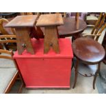 A painted pine coffer together with a mahogany occasional table and a pair of teak side tables