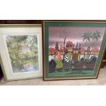 A Framed batik of a colourful street scene together with a print