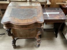 A Victorian walnut Davenport together with a school desk
