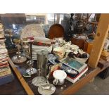Assorted treen items including pipes, biscuit barrels and music box, decorative pottery plates,