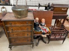 A mahogany Canterbury together with a piano stool, walnut chest, bronze cooking pot,