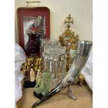 A modern clock garniture together with a pair of glass lustres, tray, horn cornucopia,