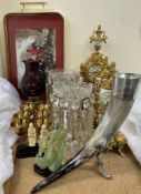 A modern clock garniture together with a pair of glass lustres, tray, horn cornucopia,