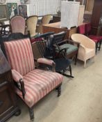 An Edwardian library chair together with an ebonised rocking chair.