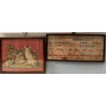 A mid 19th century alphabet sampler together with a woolwork of a cat and kittens