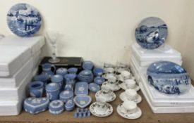 A collection of Wedgwood blue jasper wares together with a collection of Delft calendar plates,