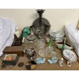 An electroplated epergne together with Poole pottery, part dressing table set, pottery dogs,