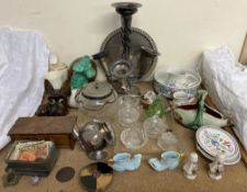 An electroplated epergne together with Poole pottery, part dressing table set, pottery dogs,