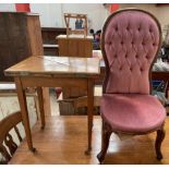 An Edwardian oak envelope card table together with a Victorian walnut framed spoonback nursing