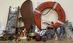 Bradford Exchange plates together with a boat port hole, wooden rudder, life buoy, Wade animals,