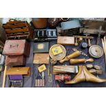 A Victorian mahogany sarcophagus tea caddy, together with a letter rack, Mah Jong box,