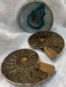 A crystal geode together with two polished ammonites