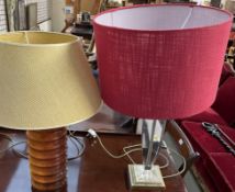 A glass and yellow metal table lamp together with another table lamp