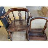A smokers bow elbow chair together with a Victorian mahogany toilet mirror