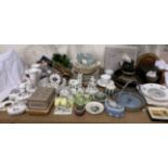 Coalport cottages together with porcelain boxes and covers, assorted plates, treen,