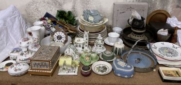 Coalport cottages together with porcelain boxes and covers, assorted plates, treen,