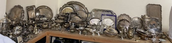 An extensive collection of electroplated wares including a samovar, trays, foot dome, vases,