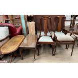 A set of three Queen Anne style dining chairs together with a piano stool,