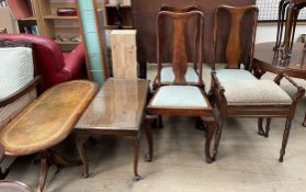 A set of three Queen Anne style dining chairs together with a piano stool,