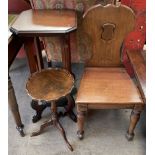 A Victorian shield back mahogany hall chair together with a walnut wine table and a modern