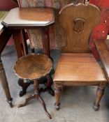A Victorian shield back mahogany hall chair together with a walnut wine table and a modern