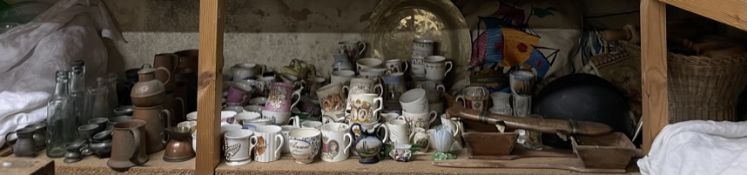 A large lot, including treen, a basket, cushions, commemorative mugs, copper tankards,