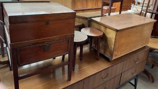 A sewing cabinet together with two footstools and a small coffer